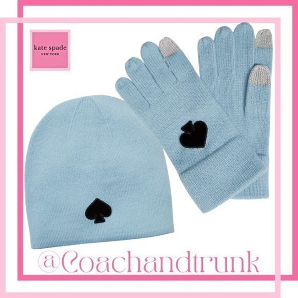 KATE SPADE Light Blue Tech Finger Gloves & Beanie Black Flocked Spade Set